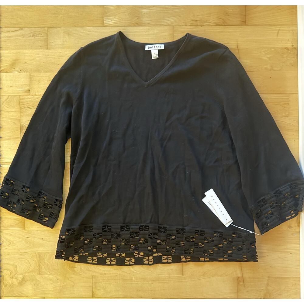 NWT Belford V Neck Pima Cotton Crochet Trim Top L